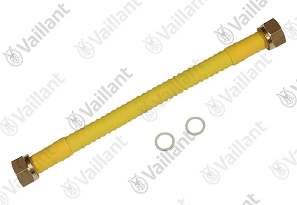 Flexibles Gasrohr in gelber Farbe mit Edelstahlgewinden an beiden Enden, begleitet von zwei Dichtungsringen. Produkt der Marke Vaillant.